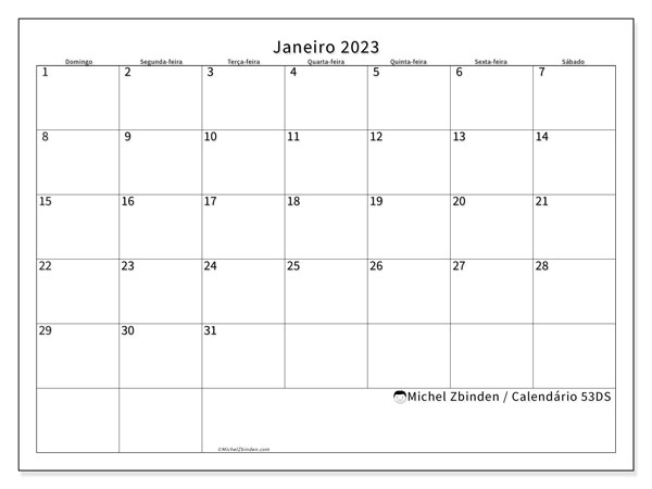 Calendário de janeiro de 2023 para imprimir. Calendário mensal “53DS” e agenda imprimível livre
