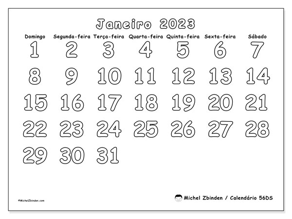 Calendário de janeiro de 2023 para imprimir. Calendário mensal “56DS” e planejamento para imprimir grátis