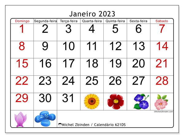 621DS, calendário de janeiro de 2023, para impressão, grátis.
