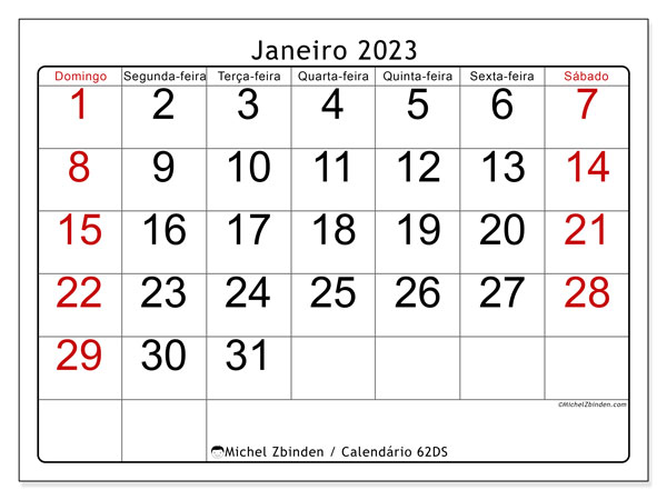 Calendário para imprimir, janeiro 2023, 62DS