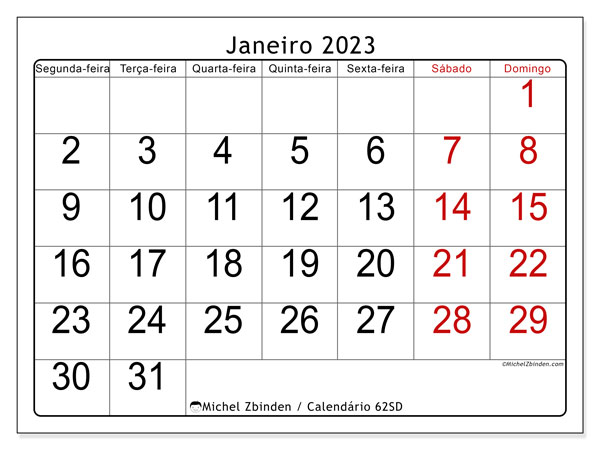 Calendário de janeiro de 2023 para imprimir. Calendário mensal “62SD” e agenda imprimível livre