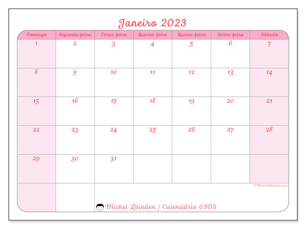 Calendário de janeiro de 2023 para imprimir. Calendário mensal “63DS” e planejamento para imprimir grátis