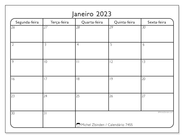 Calendário de janeiro de 2023 para imprimir. Calendário mensal “74DS” e cronograma imprimível livre