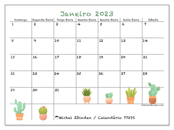 Calendário de janeiro de 2023 para imprimir. Calendário mensal “772DS” e cronograma imprimível livre