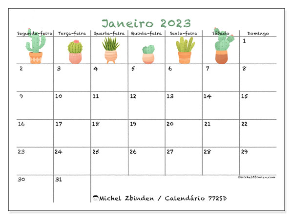 Calendário de janeiro de 2023 para imprimir. Calendário mensal “772SD” e planejamento para imprimir grátis