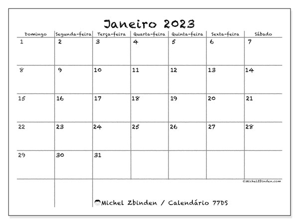 Calendário de janeiro de 2023 para imprimir. Calendário mensal “77DS” e programa para imprimir grátis