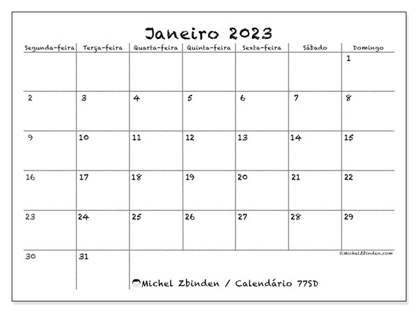 77SD, Janeiro de 2023 calendário, para impressão, grátis.