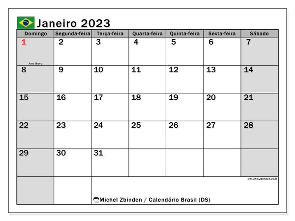 Calendário “Brasil (DS)” para imprimir, com feriados. Calendário mensal de janeiro de 2023 et horário para imprimir grátis.