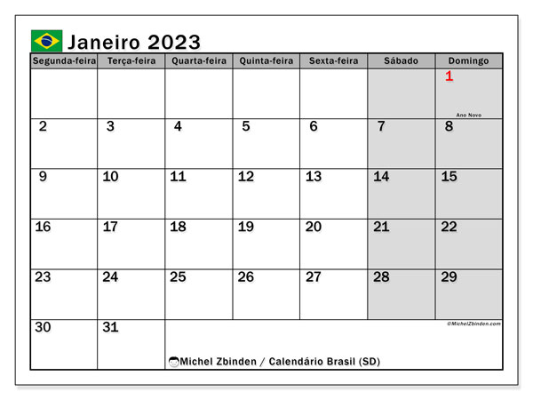 Calendário “Brasil (SD)” para imprimir, com feriados. Calendário mensal de janeiro de 2023 et horário para imprimir grátis.