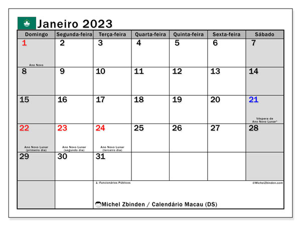 Calendário para imprimir, Janeiro 2023, Macau (DS)