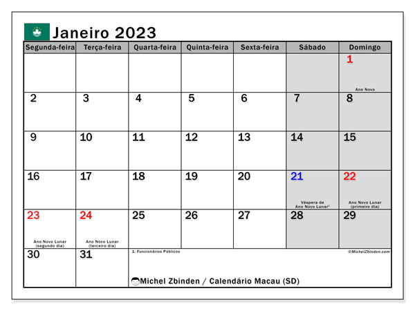 Macau (SD), Janeiro de 2023 calendário, para impressão, grátis.