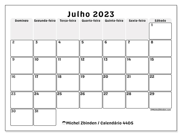 44DS, calendário de julho de 2023, para impressão, grátis.