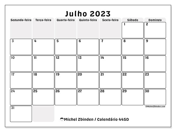 44SD, Julho de 2023 calendário, para impressão, grátis.
