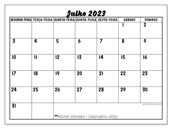 45SD, Julho de 2023 calendário, para impressão, grátis.