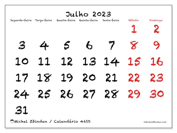 Calendário para imprimir, julho 2023, 46SD