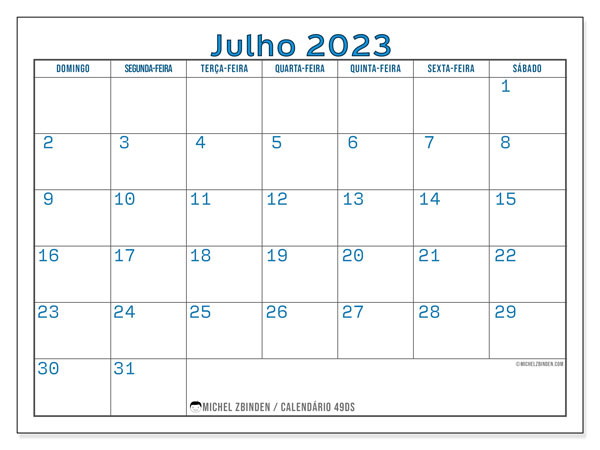 Calendário Julho 2023 “49”. Programa gratuito para impressão.. Domingo a Sábado