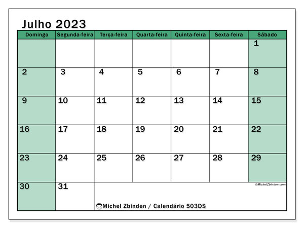 503DS, calendário de julho de 2023, para impressão, grátis.