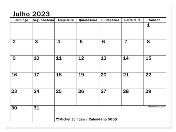 50DS, calendário de julho de 2023, para impressão, grátis.
