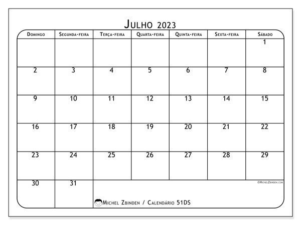51DS, calendário de julho de 2023, para impressão, grátis.