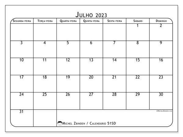 Calendário para imprimir, julho 2023, 51SD