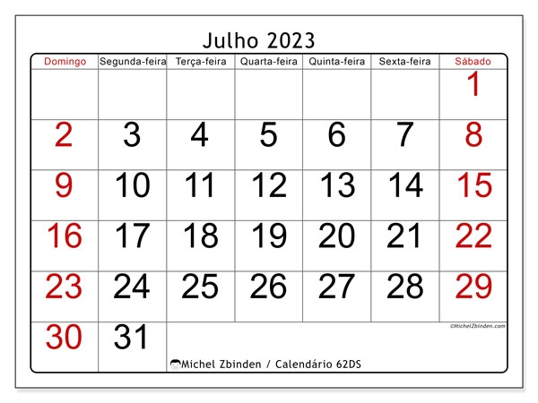 62DS, calendário de julho de 2023, para impressão, grátis.