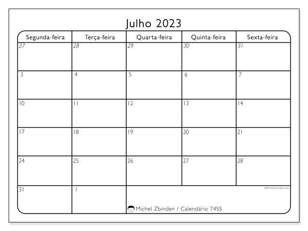 74DS, calendário de julho de 2023, para impressão, grátis.