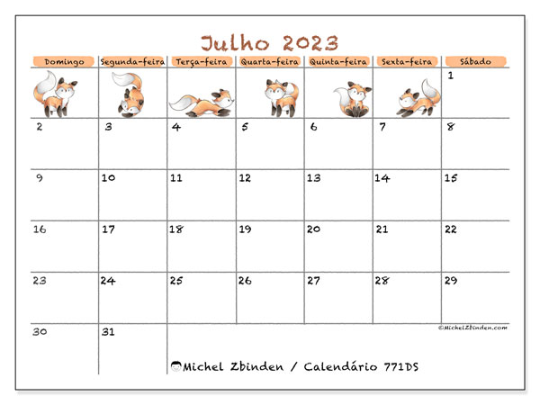 Calendário Julho 2023 “771”. Calendário gratuito para imprimir.. Domingo a Sábado