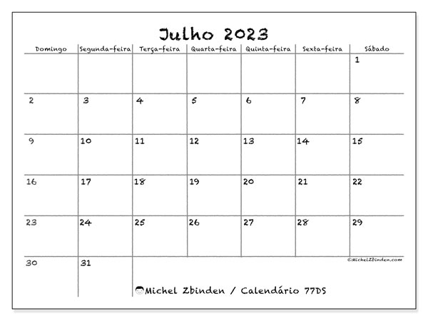 77DS, calendário de julho de 2023, para impressão, grátis.