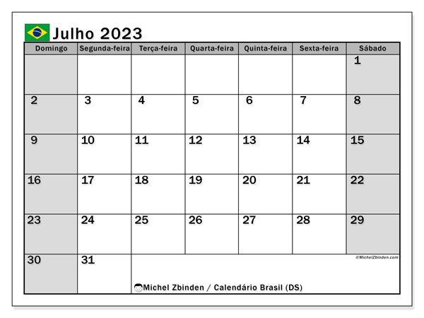 Calendário Julho 2023 “Brasil”. Programa gratuito para impressão.. Domingo a Sábado