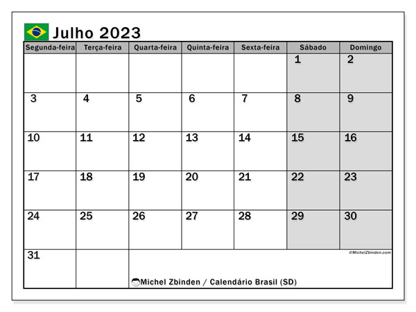 Calendário Julho 2023 “Brasil”. Programa gratuito para impressão.. Segunda a domingo