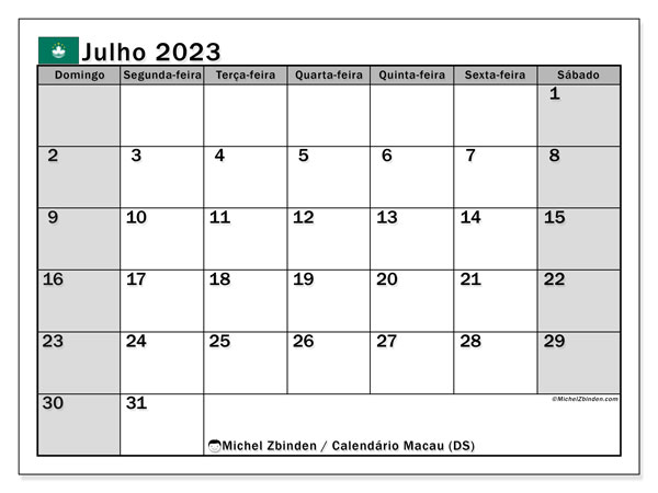 Calendário para imprimir, Julho 2023, Macau (DS)
