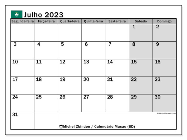 Calendário Julho 2023, Macau. Horário gratuito para impressão.