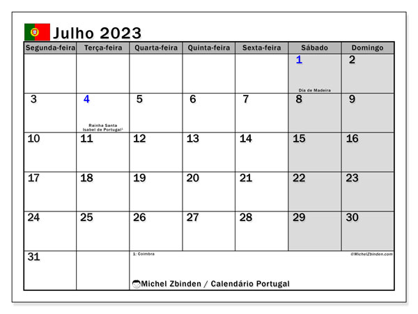 Kalender juli 2023, Portugal (PT). Gratis kalender som kan skrivas ut.