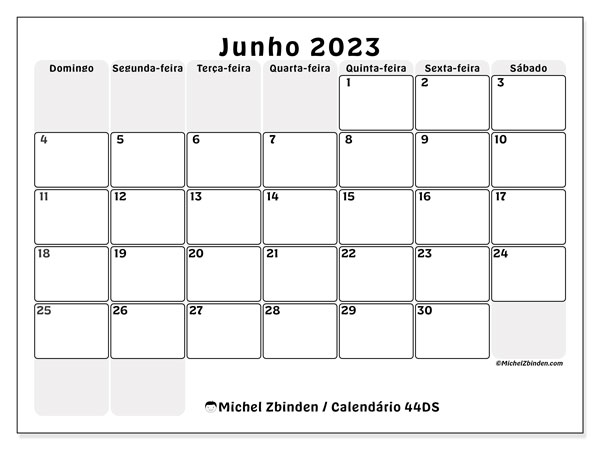 Calendário Junho 2023 “44”. Programa gratuito para impressão.. Domingo a Sábado