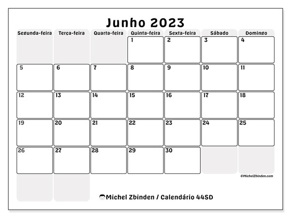 Calendário Junho 2023 “44”. Programa gratuito para impressão.. Segunda a domingo