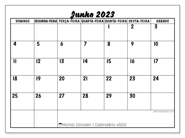 45DS, calendário de junho de 2023, para impressão, grátis.