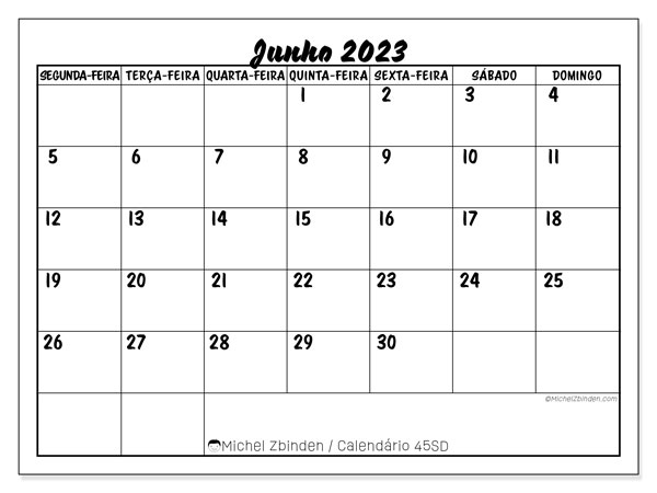 45SD, Junho de 2023 calendário, para impressão, grátis.