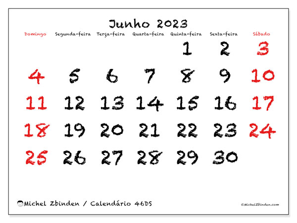 46DS, calendário de junho de 2023, para impressão, grátis.