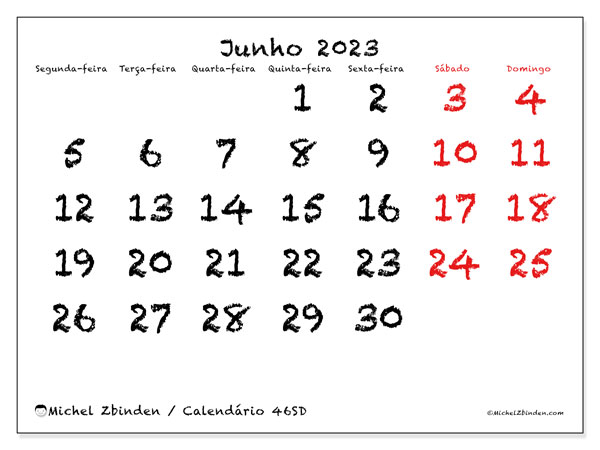 46SD, Junho de 2023 calendário, para impressão, grátis.