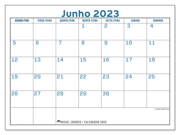 Calendário Junho 2023, 49SD. Calendário gratuito para imprimir.