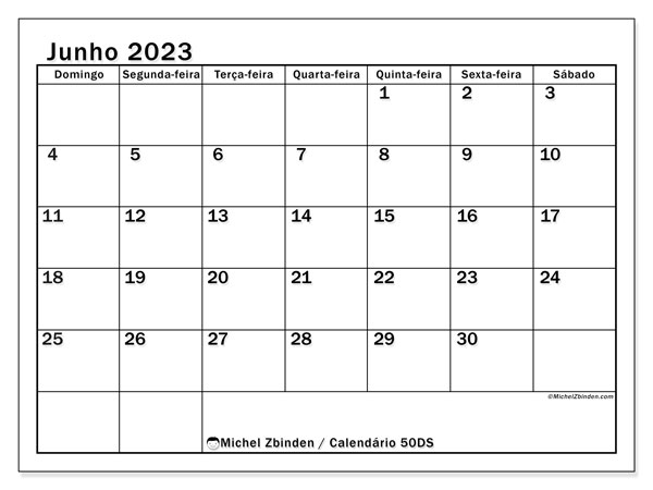 50DS, calendário de junho de 2023, para impressão, grátis.