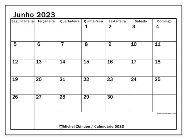 50SD, Junho de 2023 calendário, para impressão, grátis.