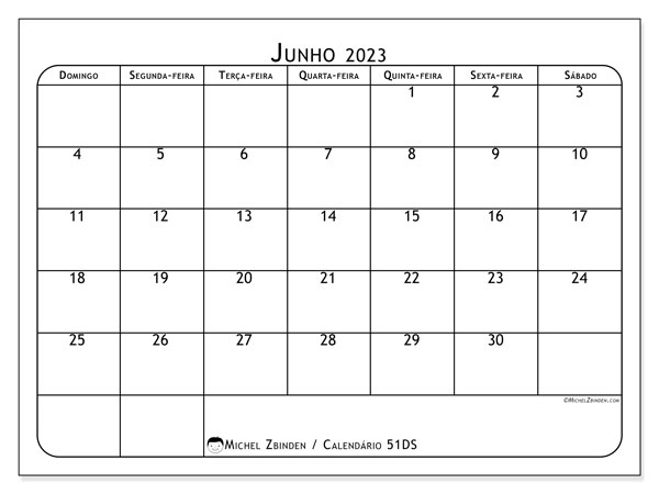 Calendário para imprimir, junho 2023, 51DS