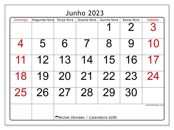 62DS, calendário de junho de 2023, para impressão, grátis.