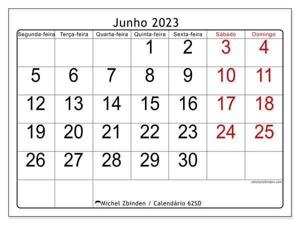 Calendário Junho 2023, 62SD. Calendário gratuito para imprimir.