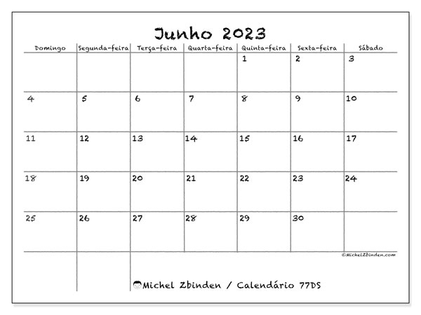 Calendário para imprimir, junho 2023, 77DS