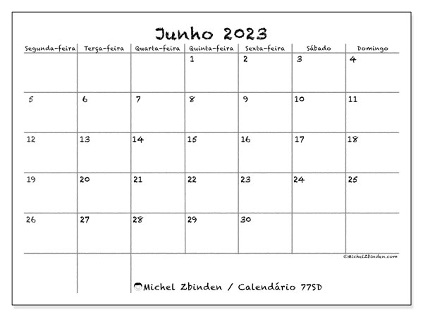77SD, Junho de 2023 calendário, para impressão, grátis.
