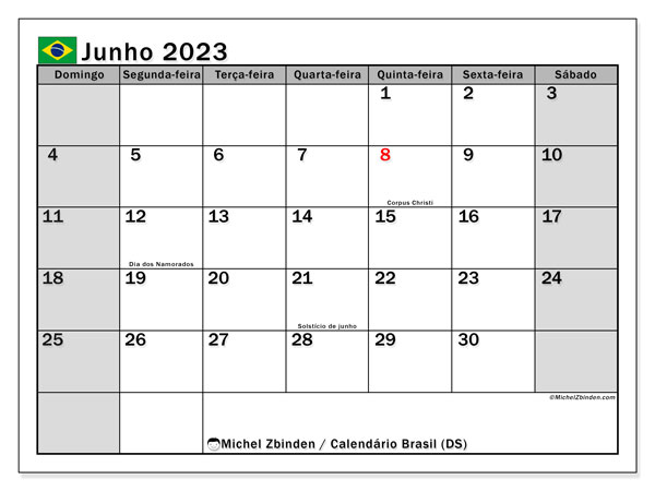 Calendario junio 2023, Brasil (PT). Diario para imprimir gratis.