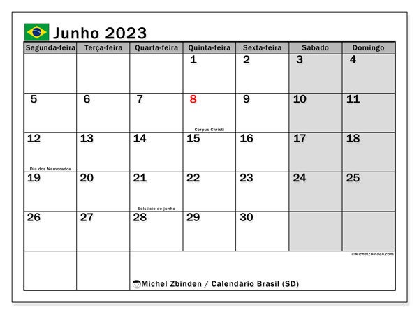 Calendário para imprimir, junho de 2023, Brasil (SD)