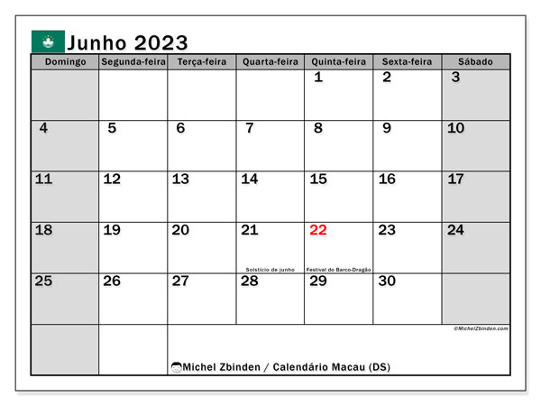 Calendário para imprimir, Junho 2023, Macau (DS)